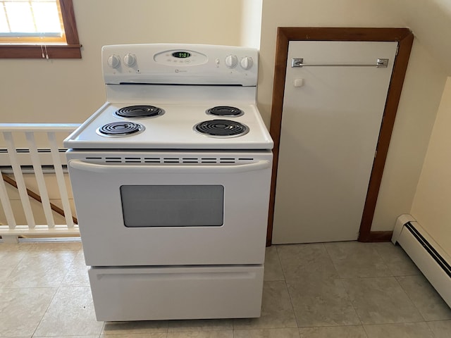 kitchen featuring a baseboard heating unit, light tile patterned floors, and white range with electric stovetop