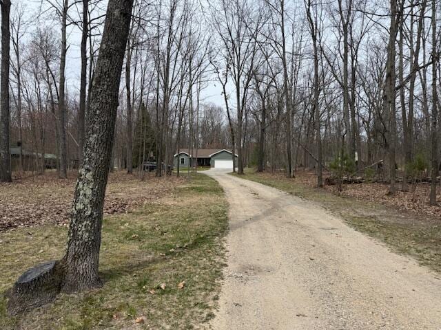 view of street featuring driveway and a wooded view