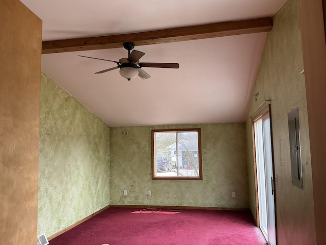 120 Marina St, Houghton Lake, MI 48629 - unfurnished room featuring carpet floors, a ceiling fan, lofted ceiling with beams, and a healthy amount of sunlight