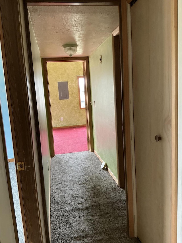 120 Marina St, Houghton Lake, MI 48629 - corridor featuring a textured ceiling, baseboards, carpet, and electric panel
