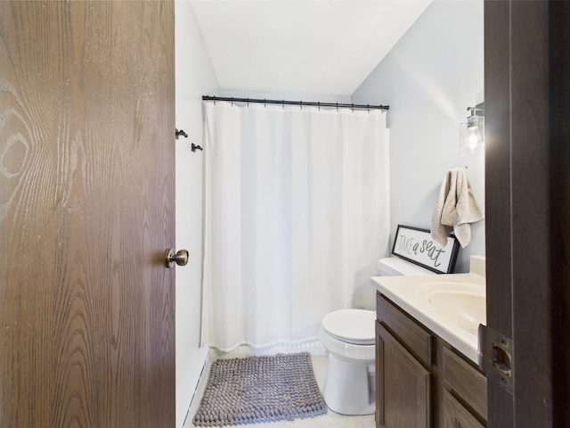 bathroom with vanity, a shower with shower curtain, tile patterned flooring, and toilet