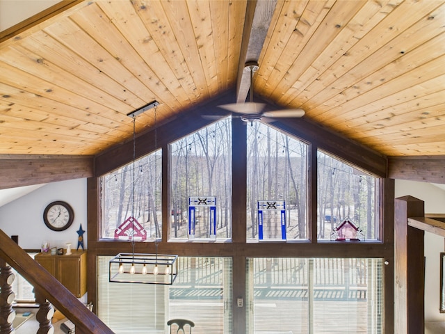 room details with wooden ceiling, ceiling fan, and beam ceiling