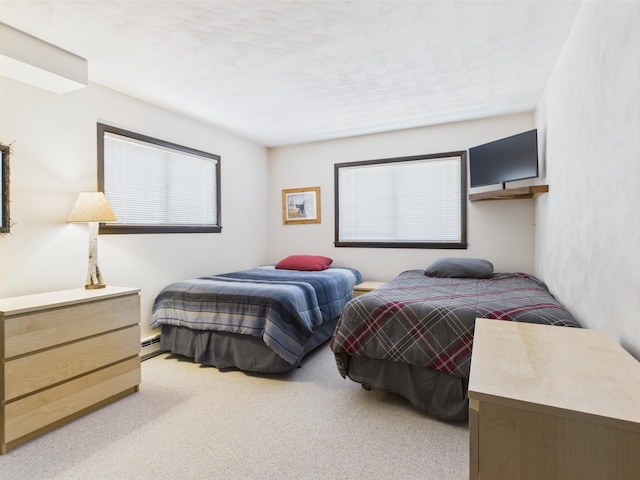 bedroom with light colored carpet