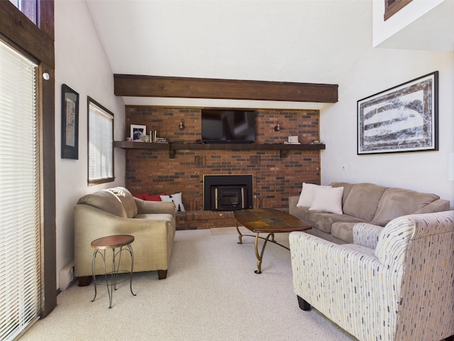carpeted living area featuring lofted ceiling with beams