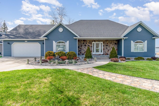single story home featuring a shingled roof, an attached garage, a front yard, concrete driveway, and covered porch