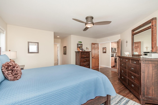 bedroom with recessed lighting, baseboards, ceiling fan, and dark wood finished floors
