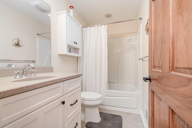 bathroom featuring toilet, shower / bathtub combination with curtain, tile patterned flooring, and vanity