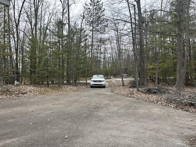 view of road with a forest view
