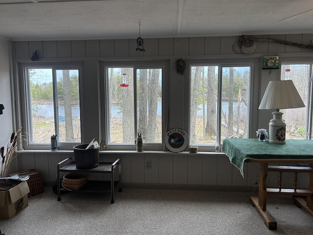 sunroom / solarium with a water view