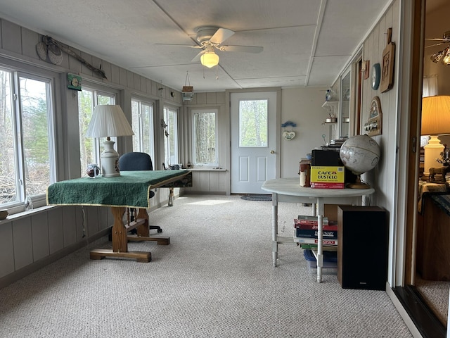 interior space featuring carpet, ceiling fan, and a healthy amount of sunlight