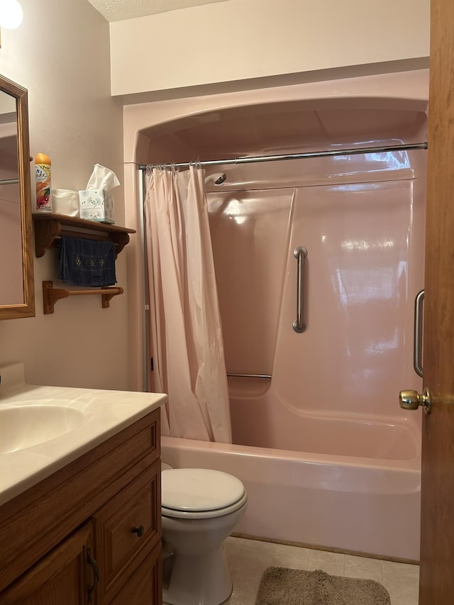 full bathroom with tile patterned flooring, shower / bath combination with curtain, toilet, and vanity