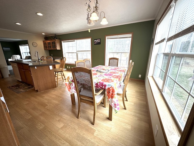 dining room featuring recessed lighting, ornamental molding, light wood finished floors, and a healthy amount of sunlight
