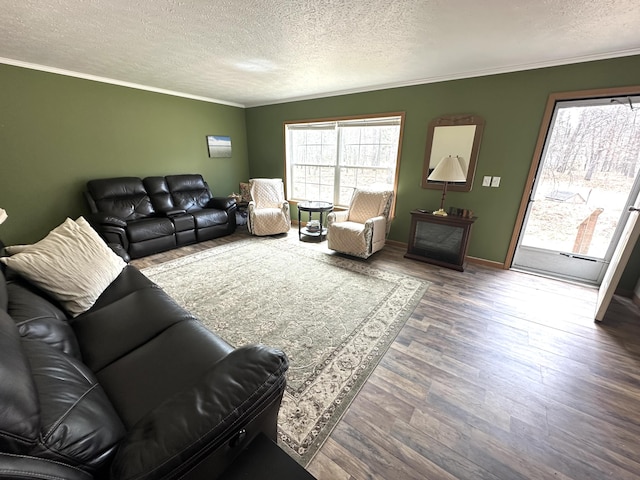 living room with a textured ceiling, ornamental molding, and wood finished floors