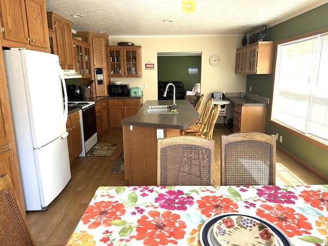 kitchen with black microwave, a sink, extractor fan, freestanding refrigerator, and range with electric stovetop