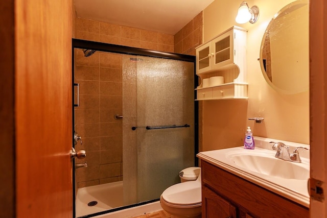 bathroom featuring vanity, a stall shower, and toilet