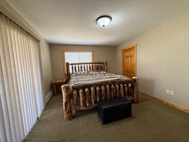 bedroom featuring baseboards, a baseboard radiator, and carpet