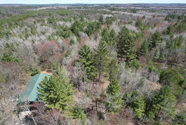 aerial view featuring a wooded view