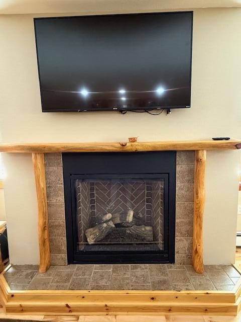 8670 N Everett Rd, Roscommon, MI 48653 - room details featuring a fireplace