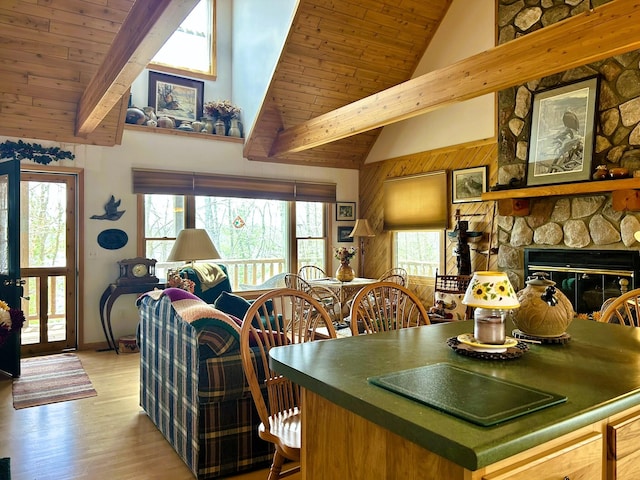 kitchen featuring light wood-style floors, beam ceiling, a healthy amount of sunlight, and wooden ceiling