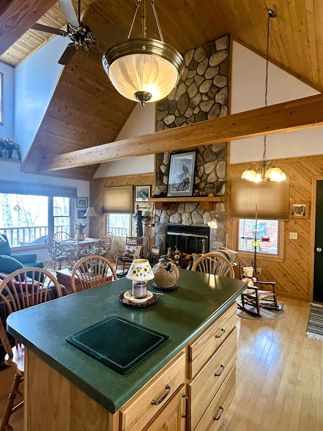 kitchen featuring dark countertops, wood ceiling, high vaulted ceiling, and light wood-style flooring
