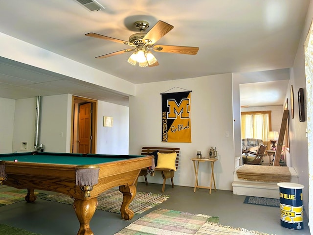 game room with concrete flooring, pool table, visible vents, and ceiling fan