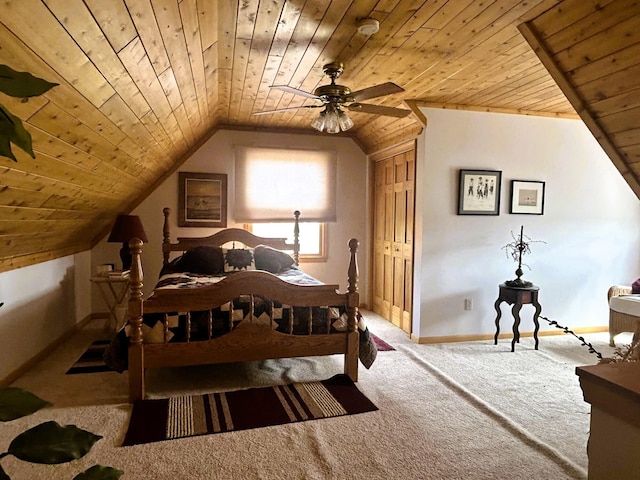 carpeted bedroom with baseboards, vaulted ceiling, and wooden ceiling