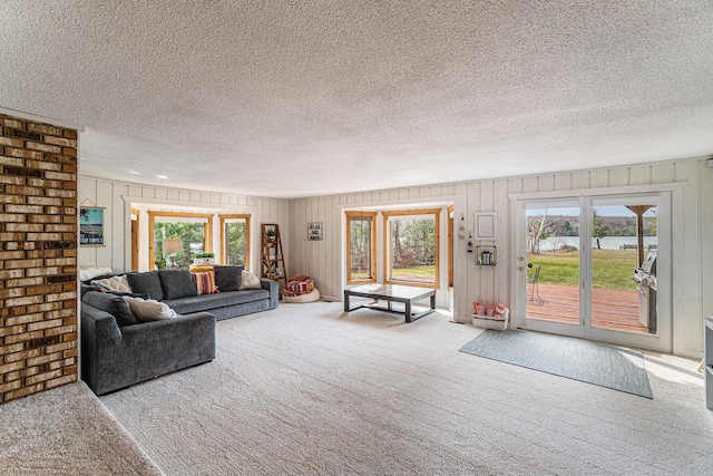 living area with a water view, a textured ceiling, wood walls, and carpet