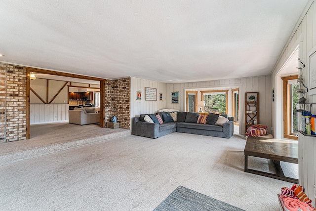 carpeted living area featuring wood walls and a textured ceiling