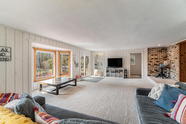 living room featuring carpet, wood walls, and a textured ceiling