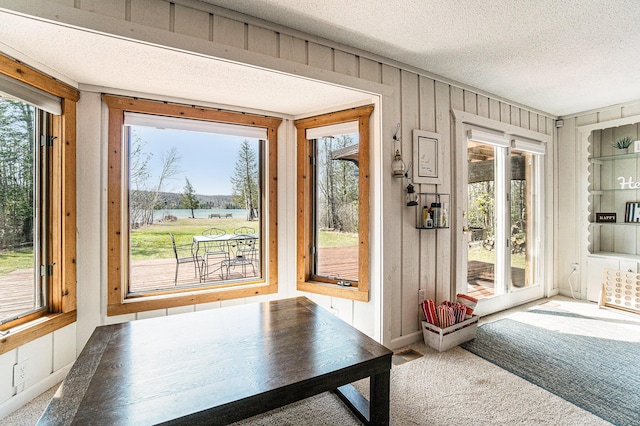 doorway to outside with carpet floors, a textured ceiling, wood walls, and visible vents