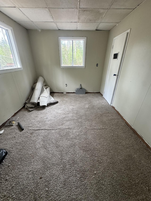carpeted empty room featuring visible vents, a paneled ceiling, and a wealth of natural light