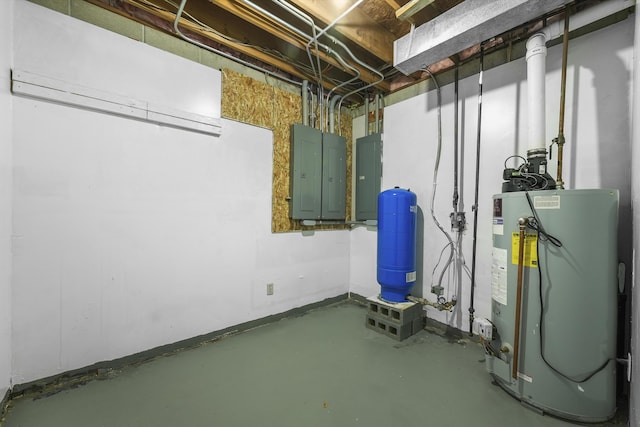 207 Cindy Ave, Roscommon, MI 48653 - unfinished basement featuring gas water heater, a water pressure tank, and electric panel