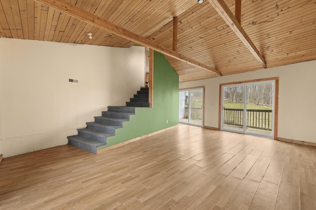 207 Cindy Ave, Roscommon, MI 48653 - unfurnished living room with stairs, wood finished floors, wood ceiling, and baseboards