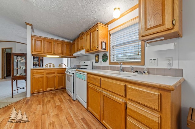 5335 Pinecrest Dr, Lewiston, MI 49756 - kitchen with a sink, white appliances, light countertops, a textured ceiling, and lofted ceiling