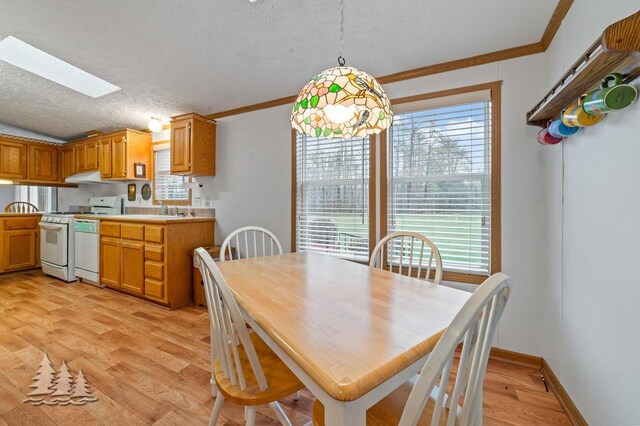5335 Pinecrest Dr, Lewiston, MI 49756 - dining area with crown molding, a textured ceiling, light wood-style flooring, and vaulted ceiling with skylight