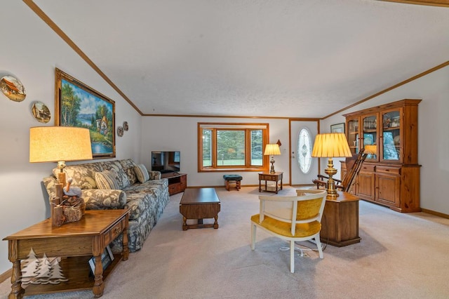 5335 Pinecrest Dr, Lewiston, MI 49756 - living area with baseboards, ornamental molding, lofted ceiling, and light colored carpet