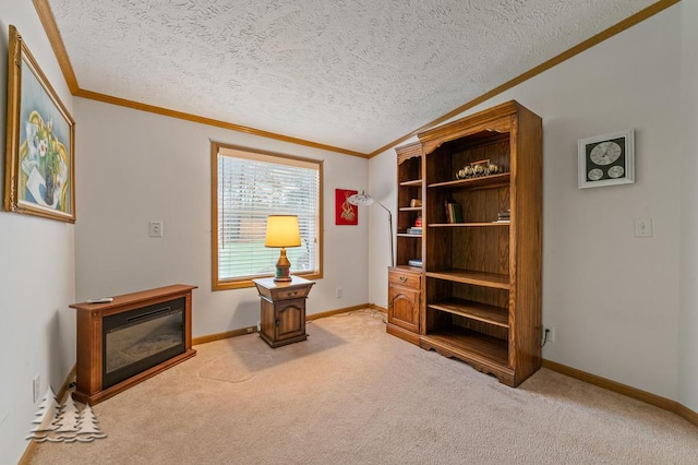 5335 Pinecrest Dr, Lewiston, MI 49756 - sitting room featuring crown molding, a textured ceiling, baseboards, and light carpet