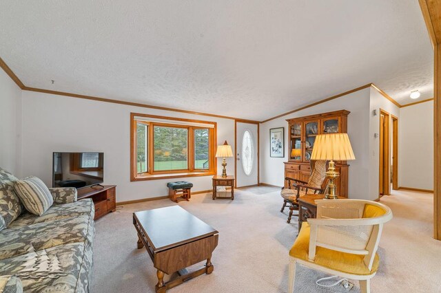 5335 Pinecrest Dr, Lewiston, MI 49756 - carpeted living room featuring a textured ceiling, vaulted ceiling, ornamental molding, and baseboards