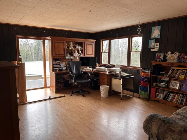 office space featuring wood walls and wood finished floors