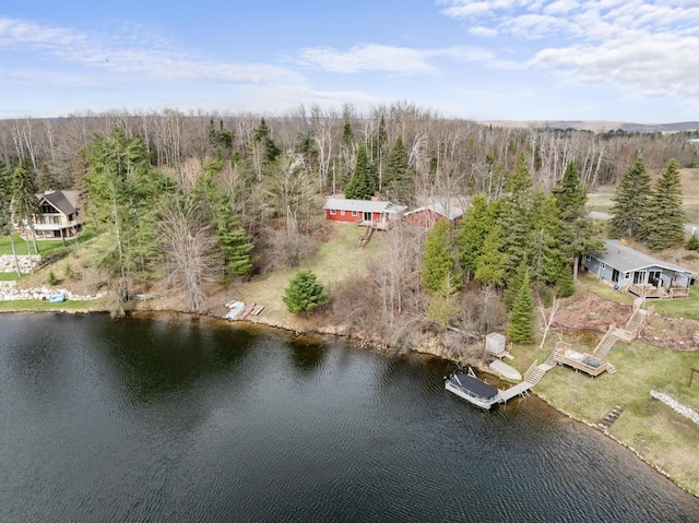 15757 Lakeway Dr, Wolverine, MI 49799 - aerial view featuring a water view and a wooded view