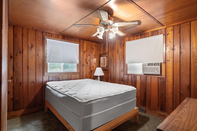 15757 Lakeway Dr, Wolverine, MI 49799 - carpeted bedroom featuring cooling unit, a ceiling fan, and wood walls