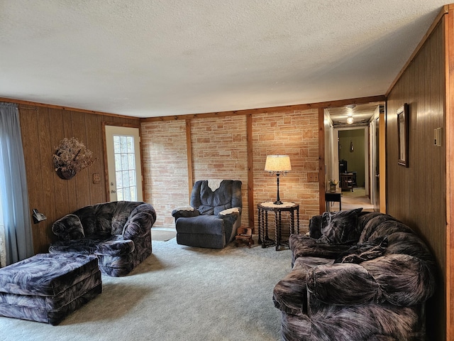 carpeted living area with a textured ceiling and wood walls