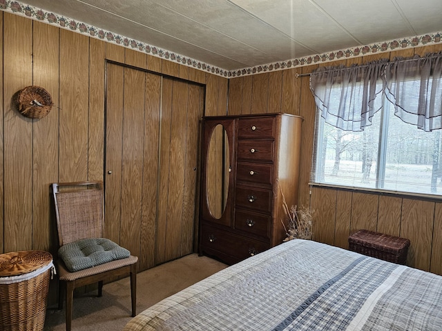 bedroom with wood walls, carpet, and a closet