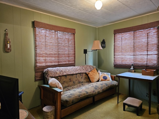 sitting room featuring carpet, a textured ceiling, and a decorative wall