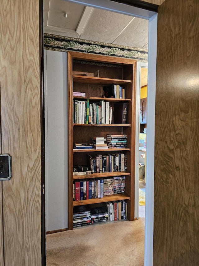 interior space with carpet floors and built in features