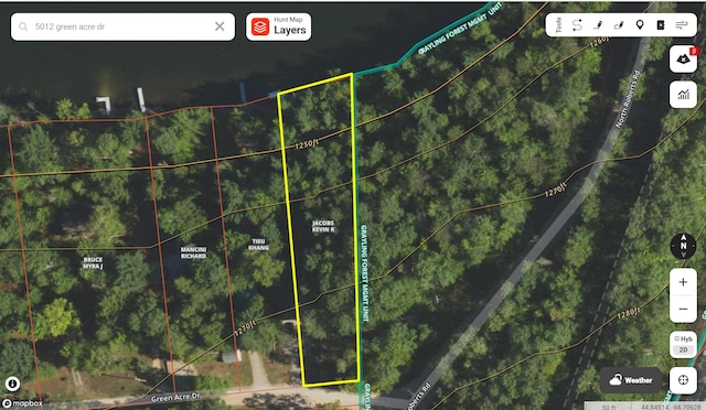 5012 Green Acre Dr, Frederic, MI 49733 - aerial map of property and surrounding area featuring property boundaries highlighted