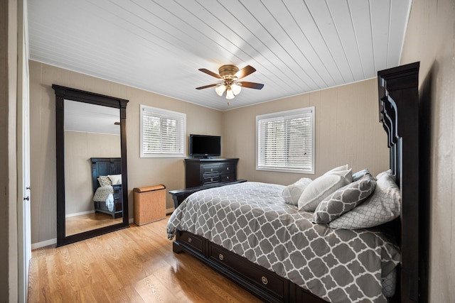 5012 Green Acre Dr, Frederic, MI 49733 - bedroom with light wood-style flooring, a ceiling fan, and wood ceiling