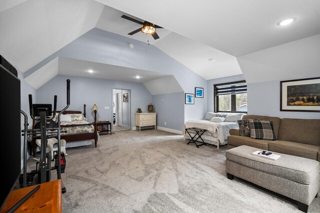 835 M-88, Bellaire, MI 49615 - bedroom with vaulted ceiling, carpet, baseboards, a ceiling fan, and recessed lighting