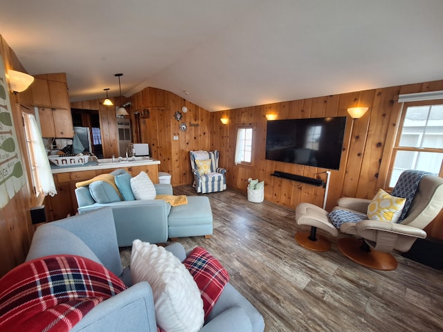 living area with wood walls, vaulted ceiling, and wood finished floors