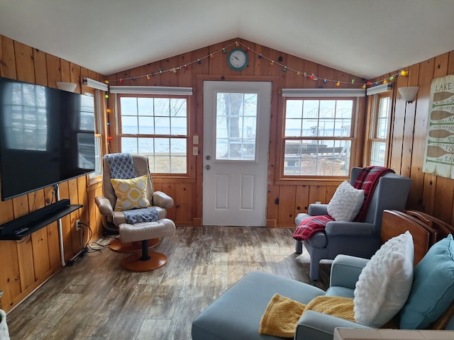 interior space featuring wooden walls, vaulted ceiling, and wood finished floors